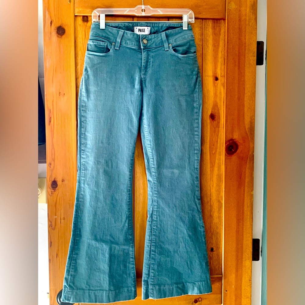 Paige Denim Gem Flare jeans size 30. Y2K style, dusty blue/green color.